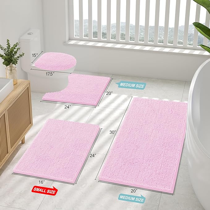 Smiry Luxury Chenille Bathroom Rugs 59x24, Extra Soft and Absorbent Shaggy Bath Mat, Machine Washable, Non-Slip Plush Carpet Runner for Tub, Shower, and Floor, Home Decor Accessories, Pink