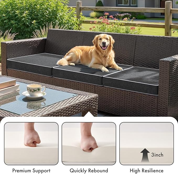 MIULEE Dark Grey Outdoor Chair Cushions Set of 4, 19x19x3 Inch Waterproof Patio Seat Cushions for Outdoor Furniture Couch Sofa, 3 Year Color Fastness High Density Foam with Adjustable Ties
