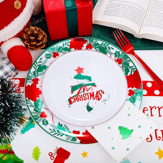 GATHER 176 Pieces Christmas Plastic Plates - Heavy Duty Christmas Disposable Dinnerware Set include 50 Plates, 75 Red Plastic Silverware, 25 Napkins, 25 Cups and 1 Tablecloth for Xmas Party