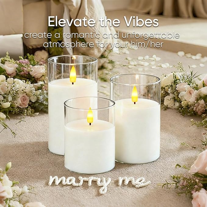 5plots Flameless Battery Operated Candles Set of 3, White LED Candles with Remote Timer, Real Wax Glass Pillar Candles Warm Flickering Light for Indoor Home, Halloween, Christmas Decor D3 x H4 5" 6"