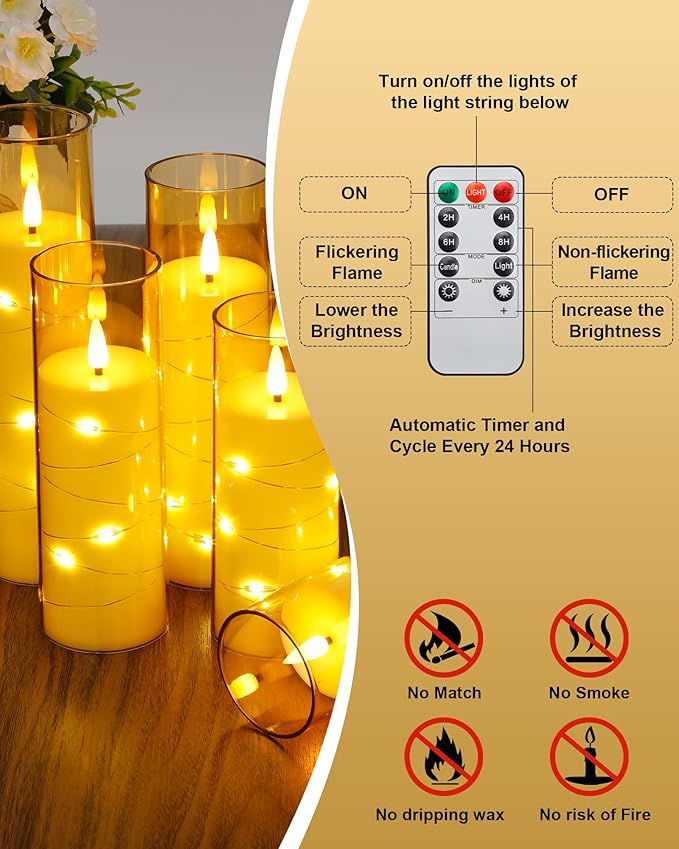 Enido Gold 10 Pc Flameless LED Candles with Remote Acrylic Shell Set Battery Operated, Flickering Electric Lights with Embedded Star String for Cozy Home, Good Holiday Romantic Decor