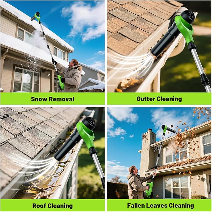 Roof Gutter Cleaning from The Ground, 21V Leaf Blowers Cordless with 2 Battery, Adjustable Pole (98inch)3 Speed Modes 500CFM/180MPH for Gutter Cleaner Extension Attachment Kit for Garden,House
