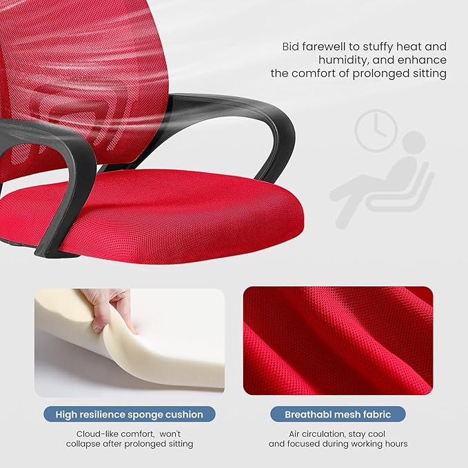 DUMOS Home Office Chair - Ergonomic Mid Back Mesh Desk Chair with Lumbar Support & Rocking Mode, Height Adjustable with Fixed Armrest, for Computer, Gaming, Meeting, Red, 2 Pack