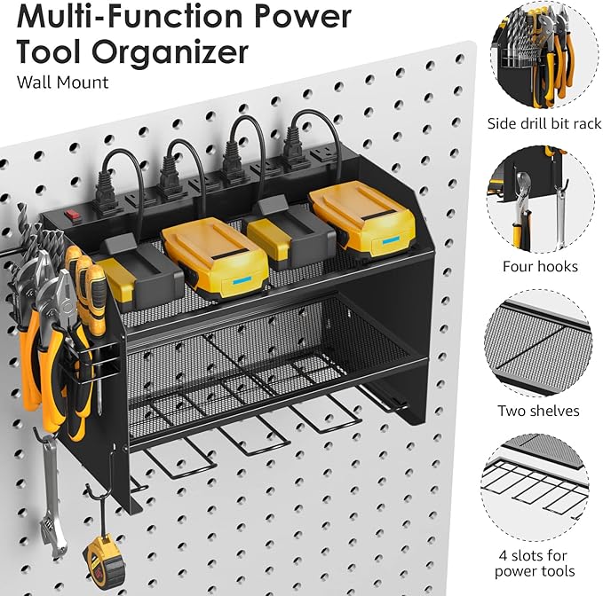 CCCEI Modular Power Tool Organizer Wall Mount with Charging Station. Garage Drill Storage Shelf with Hooks, Heavy Duty Rack, Tool Battery Holder Built in 8 Outlet. Gift for Men. Black, 2 Pack.