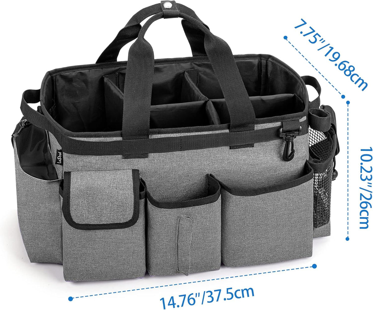 LoDrid Large Wearable Cleaning Caddy Bag with Detachable Divider, Cleaning Organizer with Handles, Cleaning Supply Tote with Adjustable Shoulder Strap for Cleaners & Housekeepers, Grey