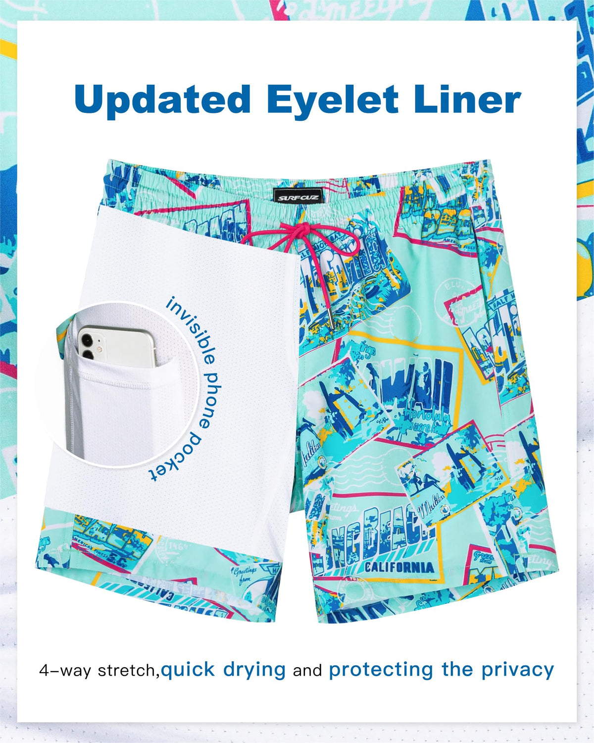 SURF CUZ Mens Swim Trunks with Compression Liner Quick Dry Swim Shorts 7" Swimming Trunks Stretch Bathing Suit 7 Inch,Beach Snapshot,S