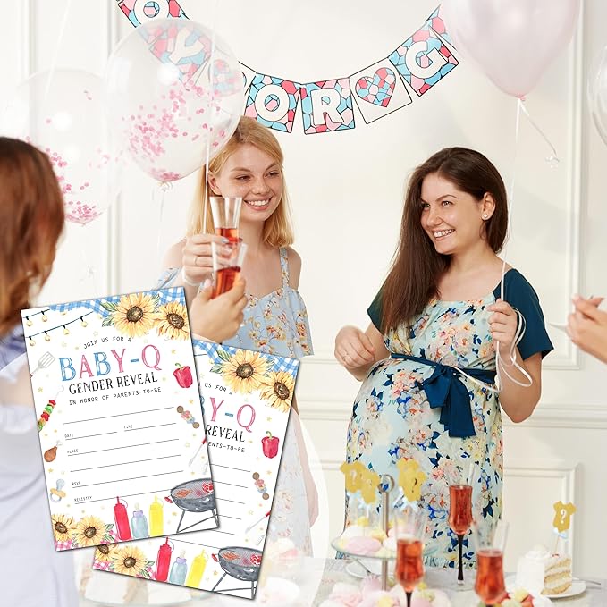 Baby-Q Gender Reveal Invitations - 20 Rustic BBQ Baby Shower Invitation Cards 4"x6" with Envelopes, Sunflower and Gingham Blue Pink Invitations for Parents-to-Be.(104)