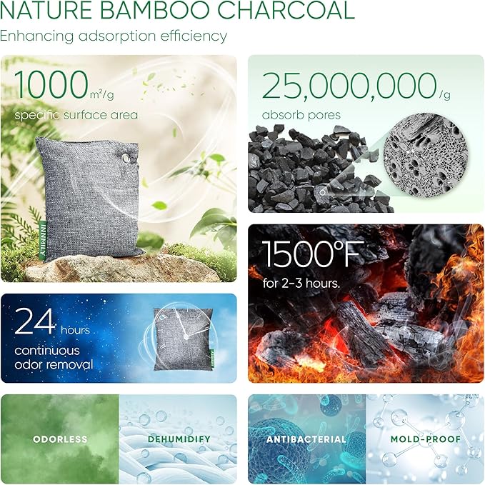 Activated Charcoal Odor Absorber, 8 Pack w Hooks Nature Odor Eliminator for Strong Odor, Bamboo Charcoal Air Purifying Bags, Moisture Absorbers for Fresh Home Car Closet Pet, Smoke Smell Deodorizer