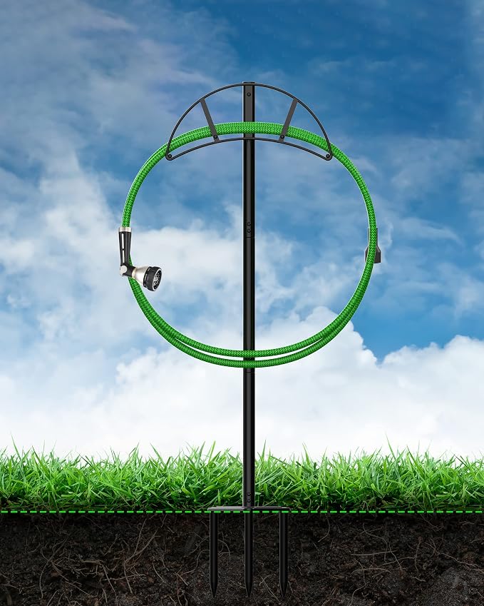 Meykwod Garden Hose Stand/Hanger Freestanding, Heavy Duty In-Ground Hose Rack Organizer for Outside Yard, Sturdy to Hold 150ft (Metal, Black)