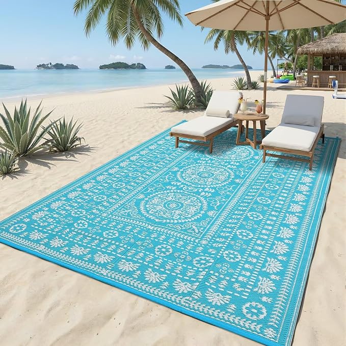 Garvee Reversible Outdoor Rug 6x9 for Patio, Waterproof Outdoor Area Rug, Modern Medallion Indoor Outdoor Rugs, Plastic Straw Rug for RV, Camping, Deck, Vintage Blue