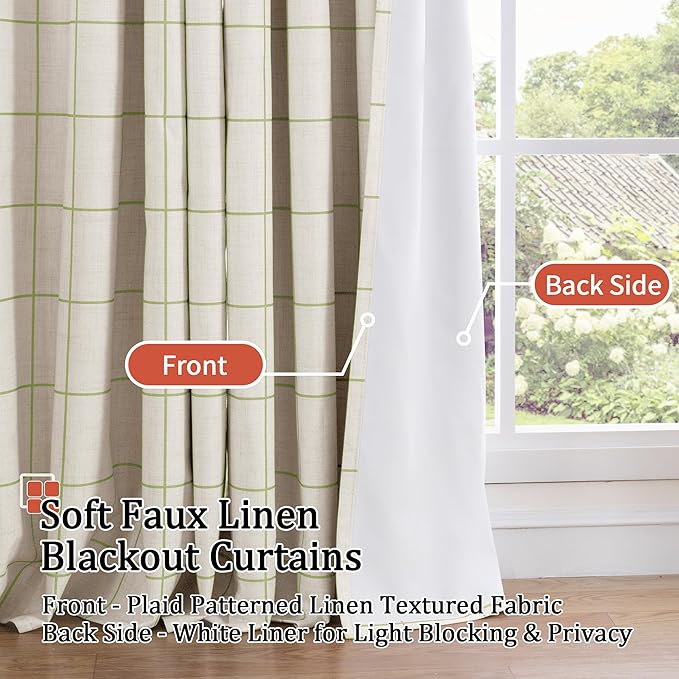Lajode Sage Green Plaid Linen Blackout Curtains