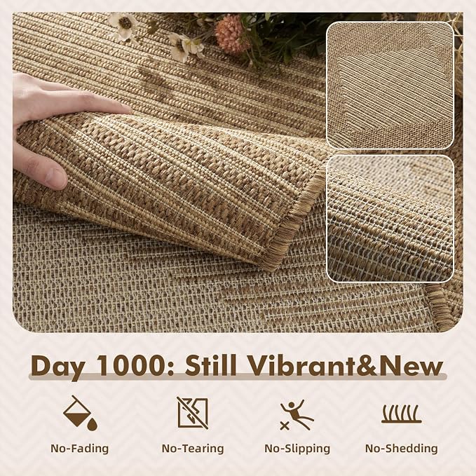 MontVoo-Outdoor Rug Carpet Patio Rug 6x9 ft Polypropylene Indoor Outdoor Rugs for Patio Deck Balcony Porch, Textured Weave, Durable for High Traffic, Fade-Resistant, Boho Geometric Neutral Brown