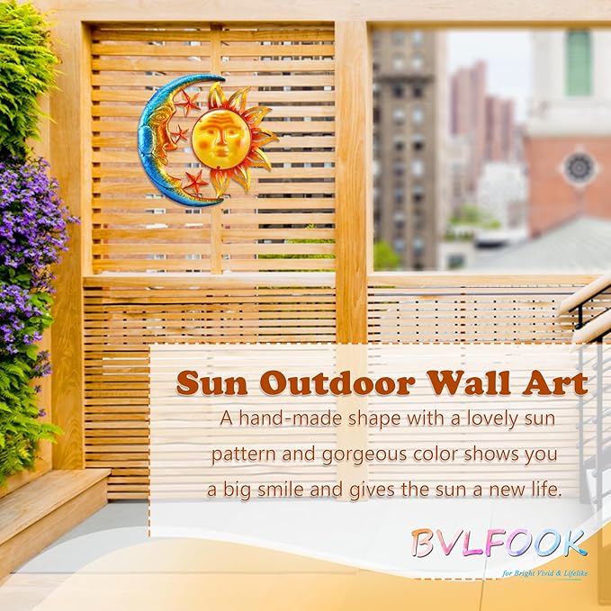 Large 19 Inch Metal Sun Moon Star Wall Art Decor, Bright Color Inspirational Valentine, Resistant to Rust Metal Sculpture Hanging for Indoor Outdoor Home Living Room Office Yard Garden