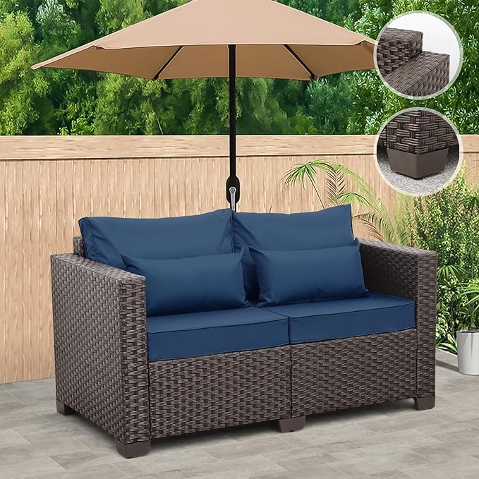 Rattaner Outdoor Furniture Loveseat Sofa Patio Furniture Small Sofa 2 Seater Couch with Anti-Slip Cushions Lumbar Pillow and Waterproof Cover, Navy Blue