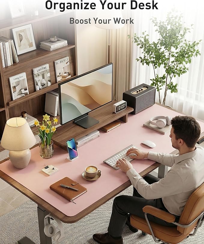 Aothia Faux Leather Desk Mat - Large Mouse Pad, Non-Slip PU Leather Blotter, Waterproof Writing Surface for Office and Home (Fairy Pink, 40" x 24")