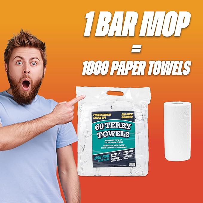 Arkwright TT60 Terry Cloth Towels for Cleaning - (Pack of 60) 100% Cotton Washable Heavy Duty Bar Mop, Absorbent & Quick Drying, Bag of Rags for Kitchen, Auto Shop, and Garage, 14 x 17 in, White