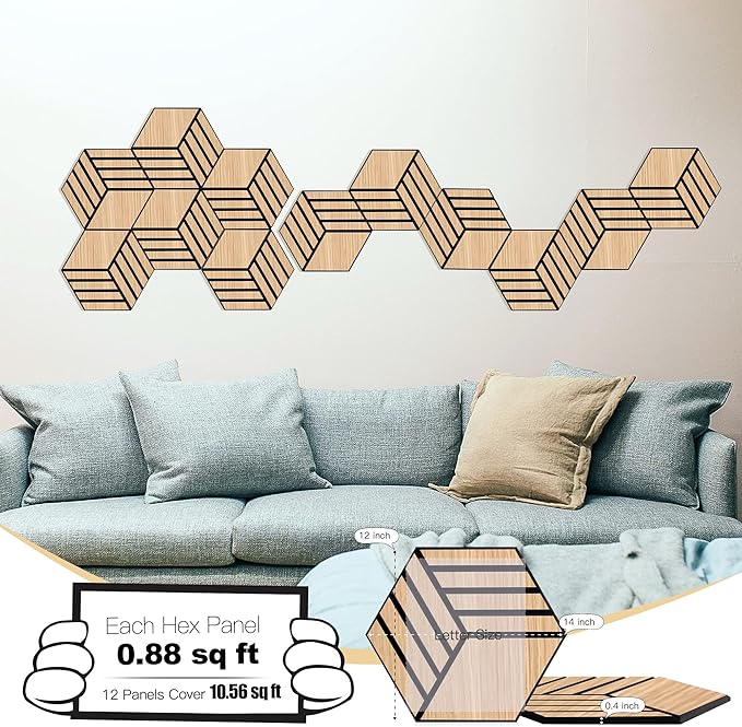 Mollywell Acoustic Panels, PVC Wood-Grain, 14x12 Inch Hexagon Carved Sound