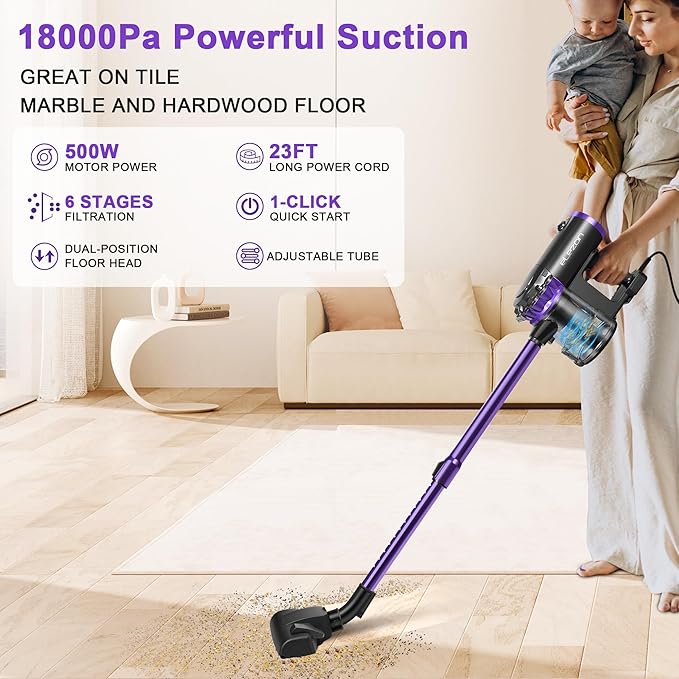 elezon F800 Corded Vacuum Cleaner 500W, 18KPa Powerful Suction, 23ft Long Cord, HEPA Filter, 1.2L Dust Capacity, 2-in-1 Handheld Stick Vacuum for Home Hardwood & Tile Floors