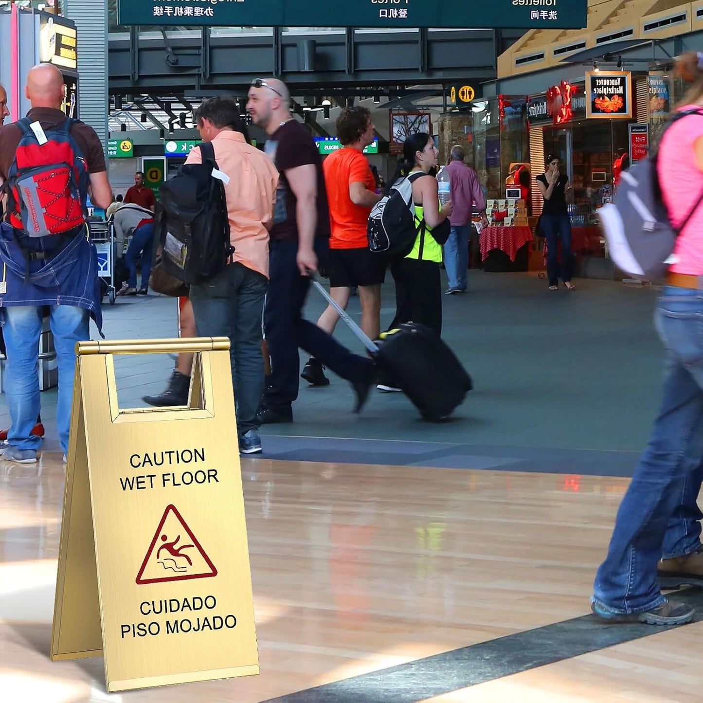 Kigley 2 Pcs Wet Floor Sign, 17 Inch Stainless Steel Caution Wet Floor Sign Double Sided Portable Foldable Bilingual Safety Warning for Hotel Market Restroom Restaurant Office (Gold)