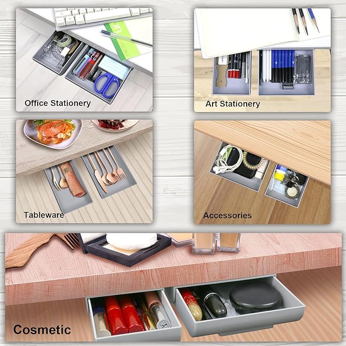 Desk Drawer Attachment, 2 Pack Pencil Organizer, Hidden Desk Organizer, Under Desk Organizer Adhesive, Pen Holder, Desk Accessories & Workspace Organizers, Pen Drawers, Drawer Tray Storage Desktop