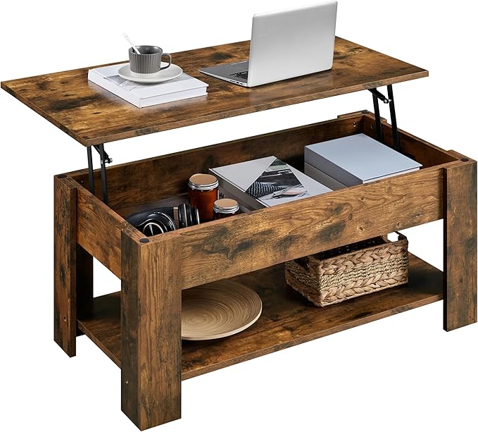 Yaheetech Coffee Table, Lift Top Coffee Table with Large Hidden Storage Shelf, Lift Tabletop Dining Table for Living Room, Home Small Space, 38.6in, Rustic Brown