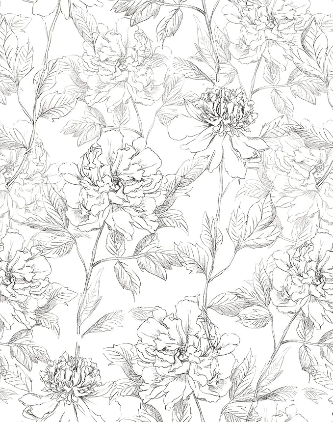 JiffDiff Peel and Stick Wallpaper Black and White Floral Wall Paper 17.3" x