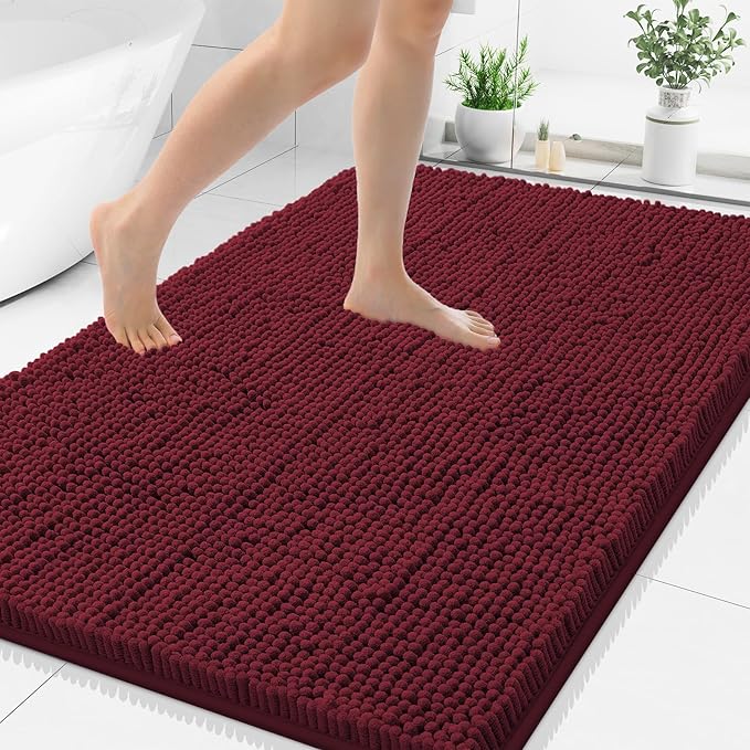 Smiry Luxury Chenille Bathroom Rugs 44x32, Extra Soft and Absorbent Shaggy Bath Mat, Machine Washable, Non-Slip Plush Carpet Runner for Tub, Shower, and Floor, Home Decor Accessories, Burgundy