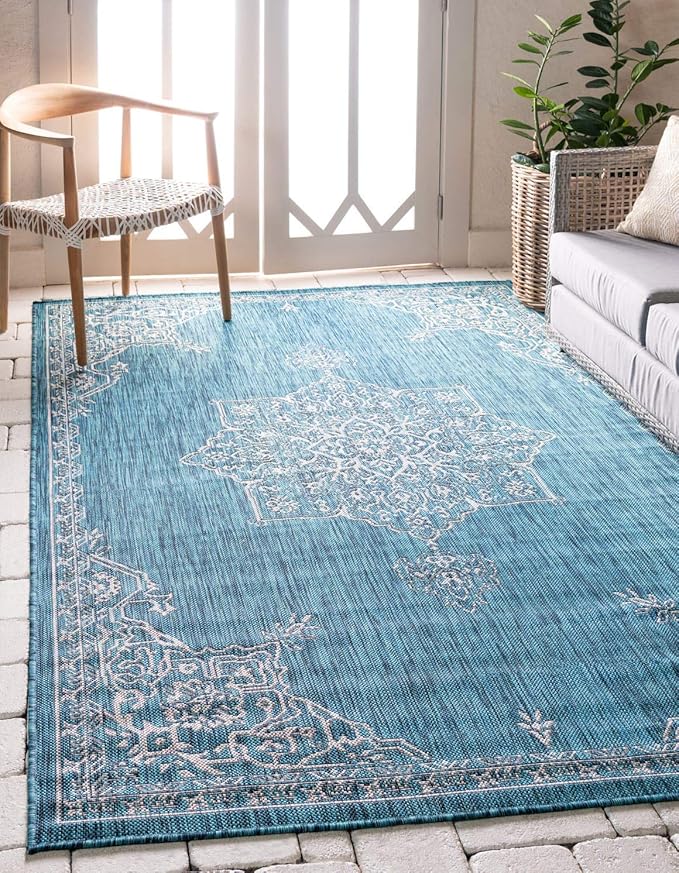 Unique Loom Outdoor Traditional Collection Area Rug - Antique (5' 1" x 8' Rectangle, Teal/ Gray)