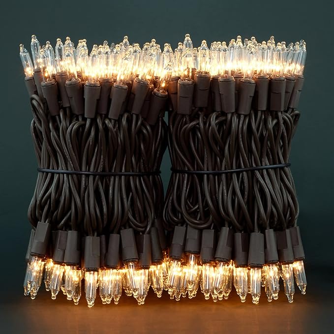 YULETIME 200 Clear Christmas Lights with Brown Wire, Pack of 2 Strands of 21 ft 100 Count UL Certified Incandescent Mini String Light (Clear - Brown Wire)