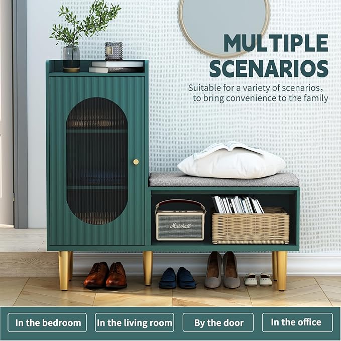 HLR Storage Bench with Glass Door&Shelf, Modern Entryway Shoe Cabinet Bench with Padded Seat, Green L-Shaped Storage Cabinet for Hallway, Bedroom, Living Room, Office