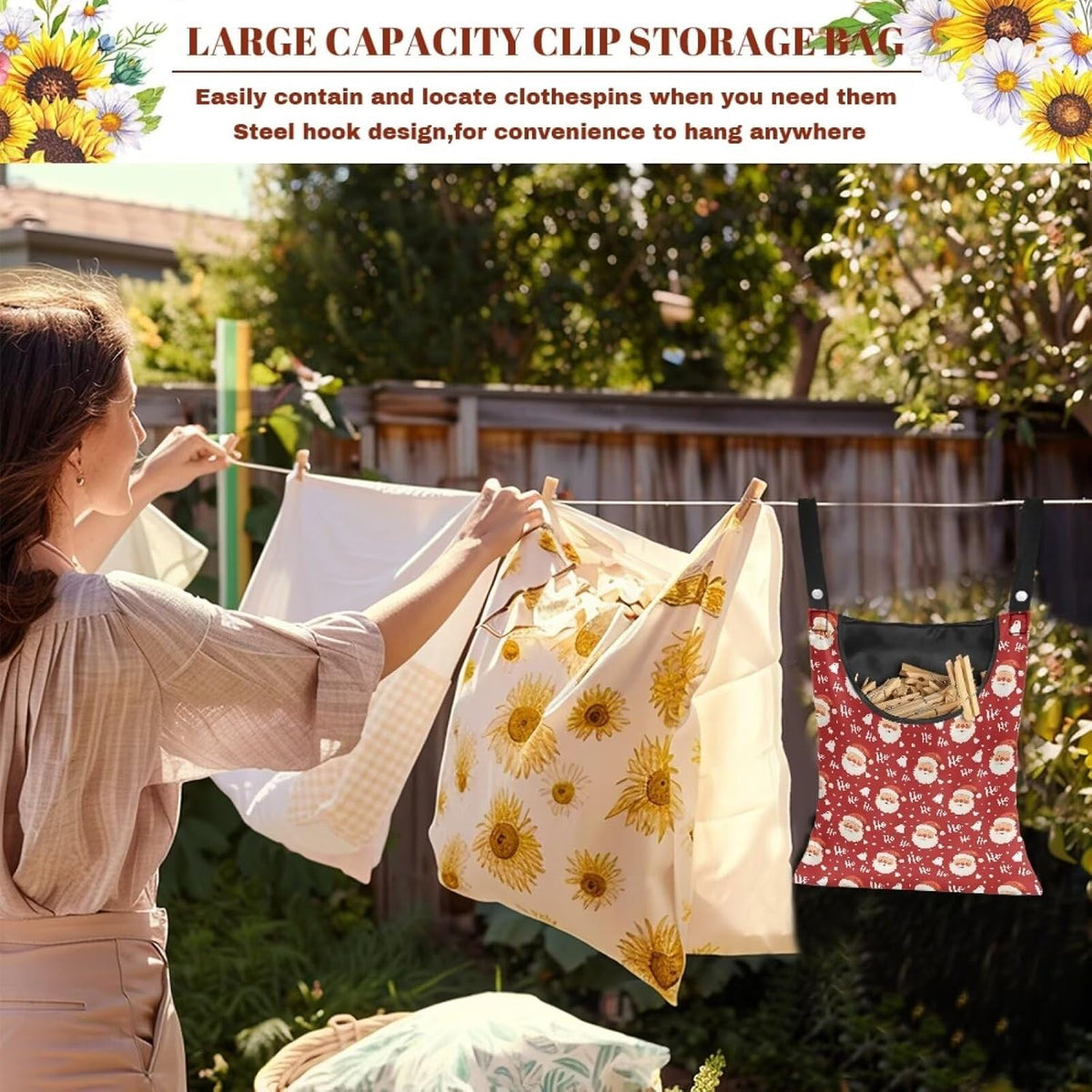 Clothespin Bag with Hanging Rope for Home Outdoor，Laundry Hanging Bag Fits Clothes Lines for Hanging Clothes Outside Balcony Bathroom Corridor Yard - Santa Claus