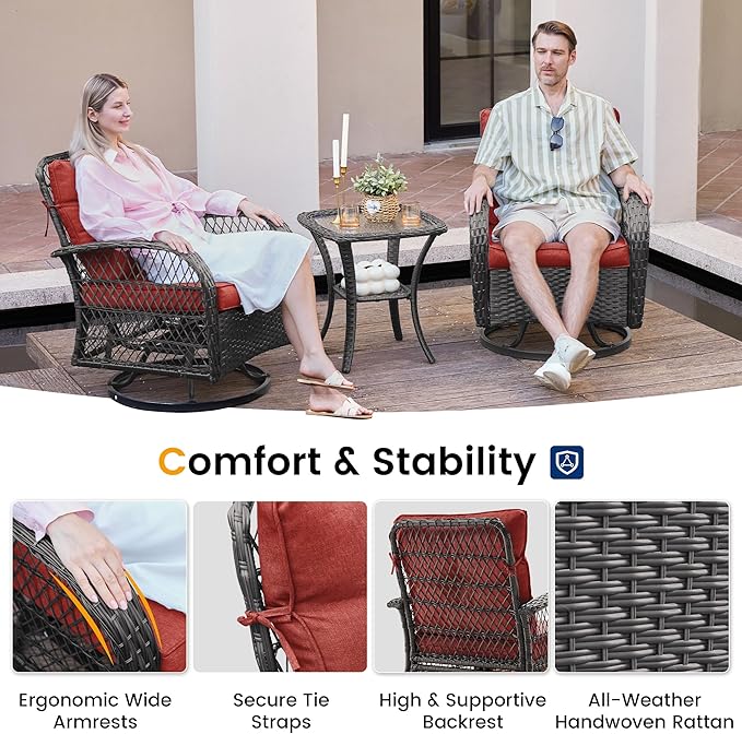 UDPATIO 3 Pieces Patio Furniture Set, Outdoor Swivel Rocker Patio Chairs Set of 2, All-Weather PE Wicker Glider Chairs with Thick Cushions and Glass Coffee Table，for Porch Deck Backyard Red