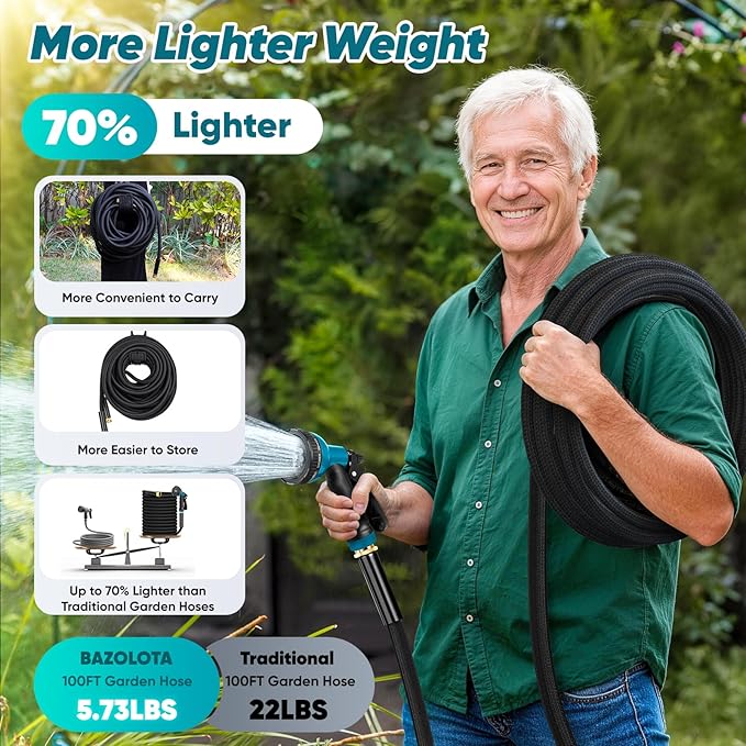 Garden Hose 50FT Non-Expanding, Lightweight Hose With 10-Function Nozzle, Leak-Proof, No-Knot, Easy to Carry, Wear-Resistant, Sturdy 3/4GHT Flexible Water Hose for Yard Garden (Light black)