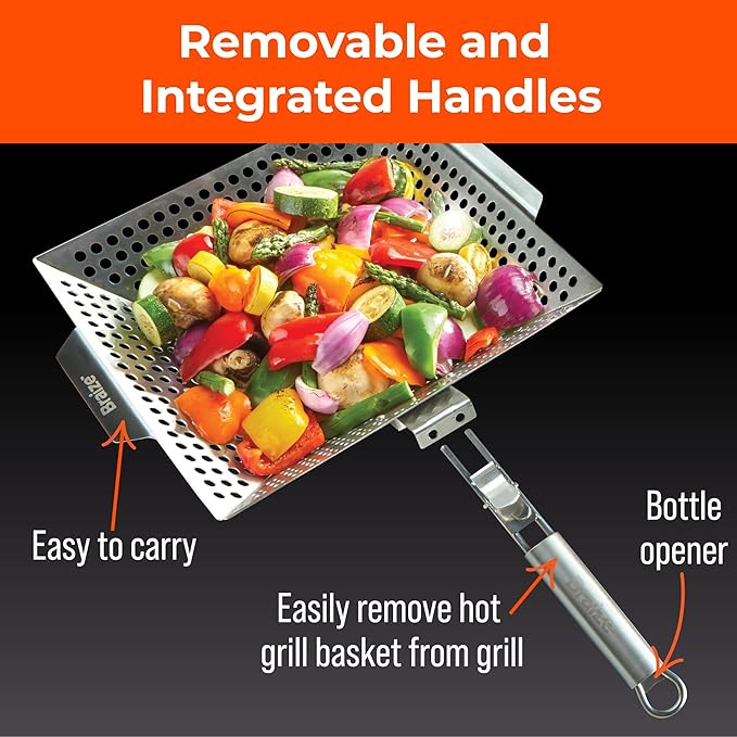 Heavy-Duty Stainless Steel Grill Basket – 12" x 13.75" BBQ Basket with Removable Handle – Large Grilling Basket for Vegetables, Fish & Meat – Includes 4 Bonus Scrub Sponges