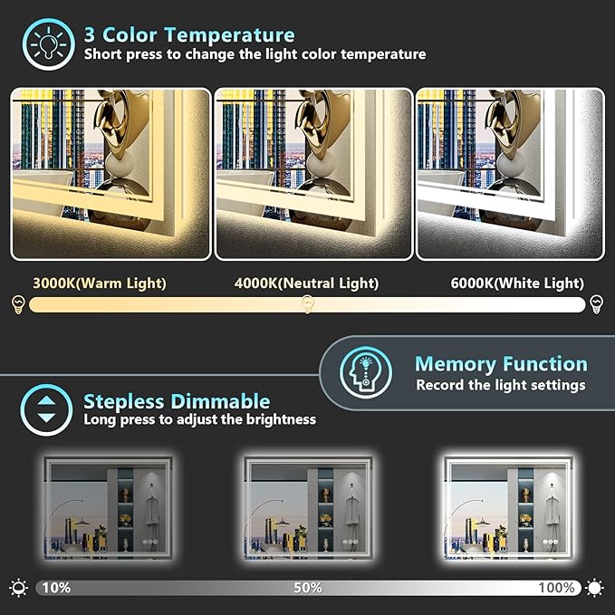 44x36 LED Bathroom Mirror with Lights, Backlit and Front Lit Anti-Fog Lighted