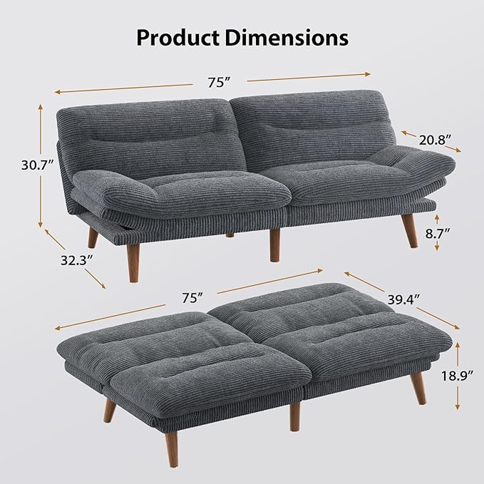 Pipishell Futon Sofa Bed, 75 Inch Corduroy Futon Couch Convertible with Adjustable Backrest and Armrests, Recliner Sleeper Sofa for Small Spaces, Living Room, Office, Guest Room (Grey, 75 Inch) | Adjustable