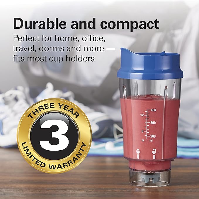 Hamilton Beach Portable Blender for Shakes and Smoothies, 14 Oz BPA Free Travel Cup & Lid, Durable Stainless Steel Blades, Personal Smoothie Blender, Blue (51132)