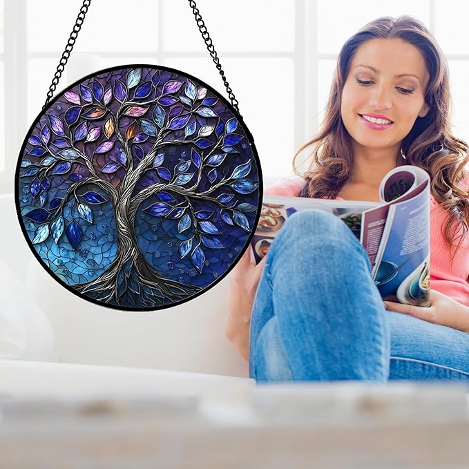 Stained Glass Window Hanging, Blue Purple Tree of Life Sun Catchers Colorful Glass Panel Plants Suncatcher Decor for Birthday for Women,Men,Wife, Lovers, and Mom 11.8x11.8 in