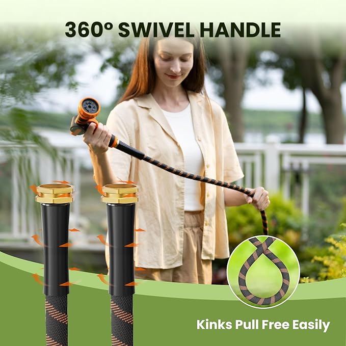 Giraffe Tools Non-Expandable Garden Hose 25FT 1/2” Lightweight Flexible Water Hoses Burst 600 psi with 9 Spray Function Nozzle Heavy Duty Hose