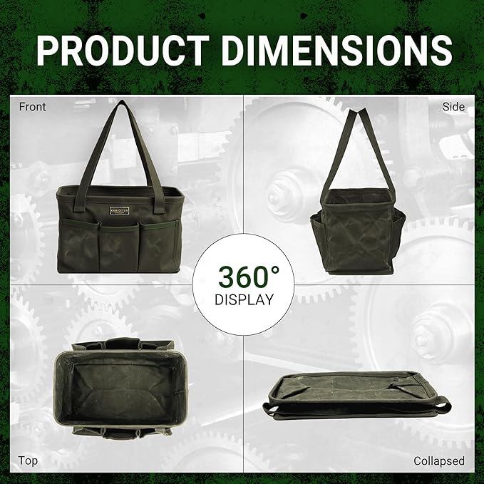 Tool Bag with Metal Frame, Waxed Canvas Wide Open Top Tool Tote Bag with 7 External Pockets, 13.5 x 7.8 x 7.8 Inches (ArmyGreen)