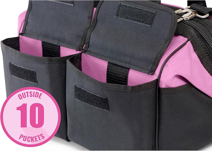 Pink Power Pink Tool Bag for Women -16" Tool Tote Bag w/ 22 Storage Pockets - Womens Small ToolBag Ladies ToolBox for Hand Tools, Power Kits & More - Womens Zipper Toolbag Caddy Organizer