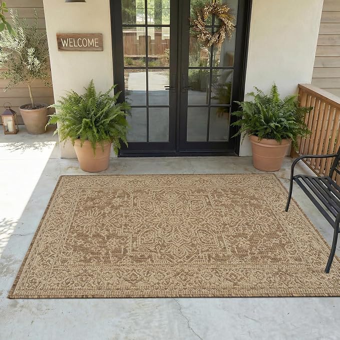 MontVoo-3x5 Outdoor Rug Porch Entryway Rug-Polypropylene Indoor Outdoor Rugs for Entryway Kitchen Balcony Patio, Textured Weave, Durable, Fade-Resistant, Non-Shedding, Vintage Neutral Brown