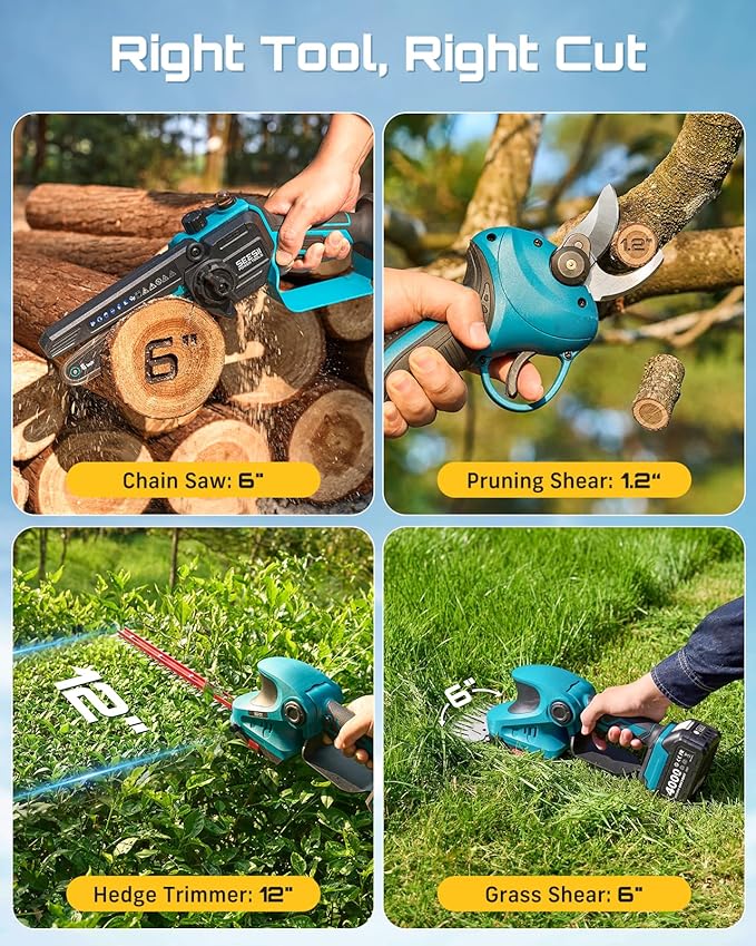 SEESII Electric Chainsaw Trimmer Pruner: 4-in-1 Cordless Chainsaw, Hedge Trimmer, Pruning Shears with 2× Rechargeable 4000mAh Batteries, Garden Tool Kit for Tree Trimming and Branch Cutting