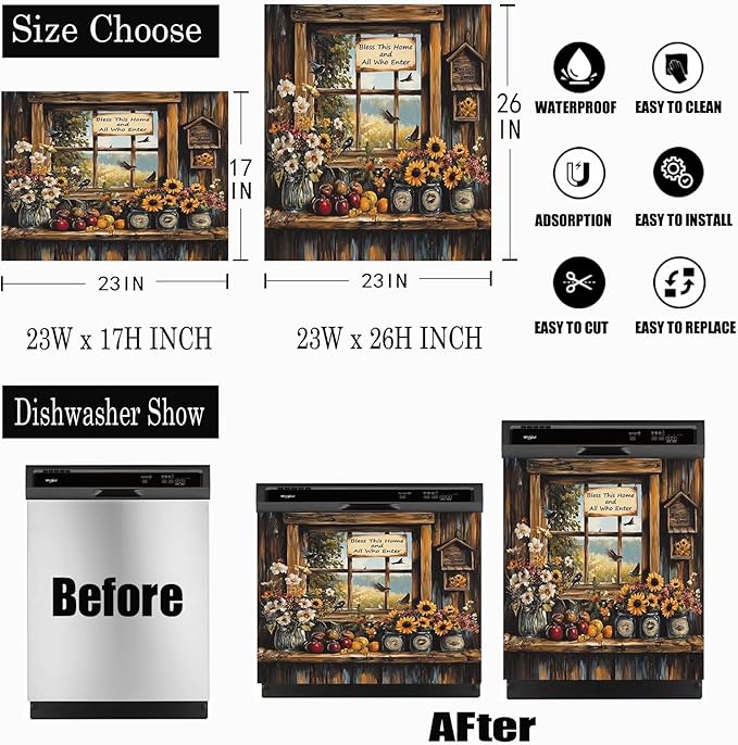 Windowsill Birds and Flowers Dishwasher Magnet Cover, Springtime Reuseable Refrigerator Magnet Cover Retro Wooden Windows Magnetic Dishwasher Decal (23 x 26 Inches)