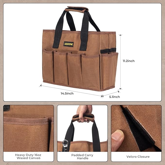 Tool Bag 16 oz. Waxed Canvas Tool Bag Large Capacity Tool Storage Tote comes with a Main Compartment and 12 Exterior Pockets for Wrenches, Scissors, Hammers or a set of Garden Tools and More - Khaki
