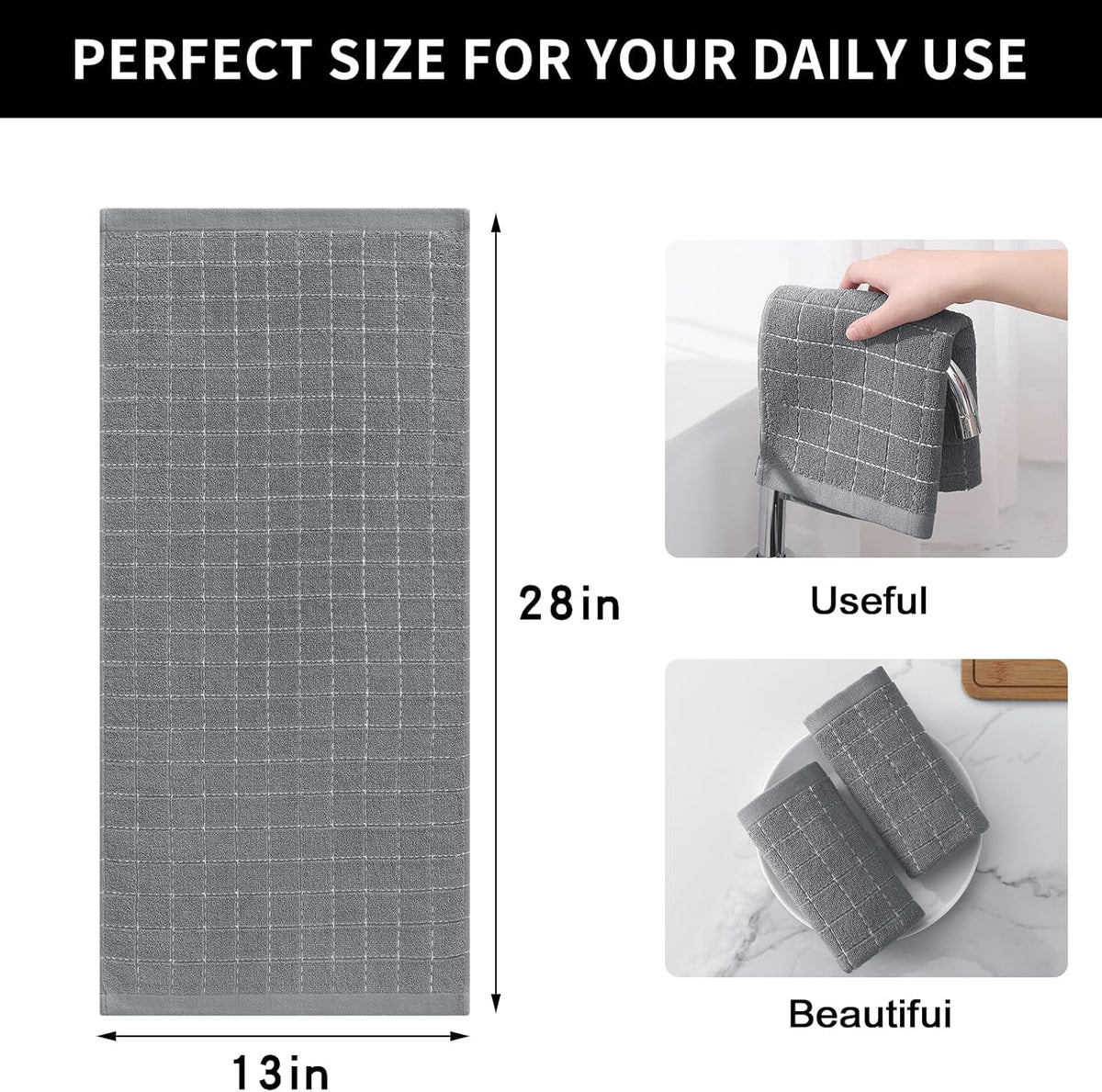Homaxy 100% Cotton Terry Kitchen Towels(Grey, 13 x 28 inches), Checkered Designed, Soft and Super Absorbent Dish Towels, 4 Pack