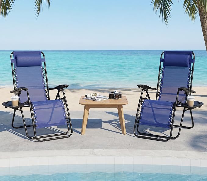 Alpen Folding Lounge Chair Outdoor Set of 2, Lawn Chairs Adjustable & Foldable with Side Table Headrest, Portable Blue Reclining Camping Chair for Outdoor Camping, Blue