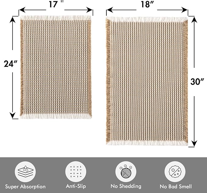 MIULEE Set of 2 Waffle Bathroom Rugs, Boho Bath Rugs Non Slip Washable, Super Absorbent Bath Mats, Ultra Soft Rubber Backed Shower Mats for Bathroom Floor, Tub, Brown & White, 17"x24"+18"x30"