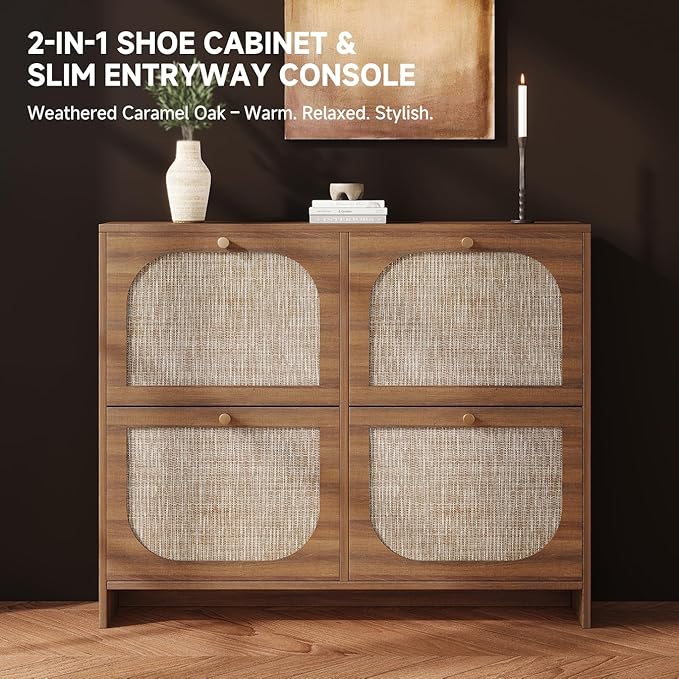 Nicetree Freestanding Ultra Slim Arched Rattan Accent Shoe Storage Cabinet for Entryway - 4 Flip Drawers & 3-Tier Adjustable Shelves, Farmhouse Modern Rustic Shoe Rack for Hallway, Foyer Oak