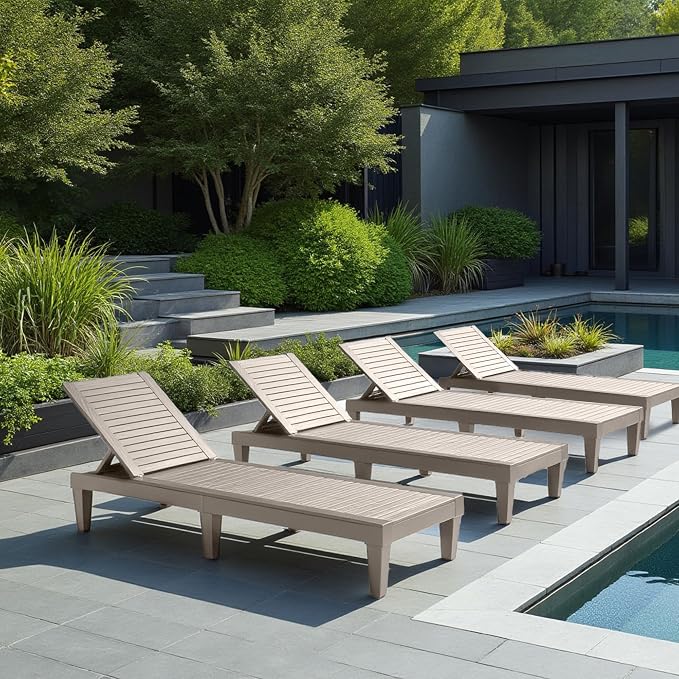 Nestl Lounge Chair Outdoor, Tanning Chair, Chaise Lounge Outdoor Set of 4 | 5 Adjustable Positions, Waterproof & Weatherproof Resin, Reclining & Lightweight, For Poolside, Beach, and Lawn, Sand Beige